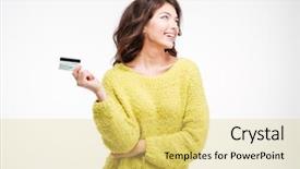  Presentation with banking - Cool new theme with thoughtful woman holding bank card backdrop and a yellow colored foreground