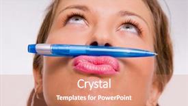  Presentation with funny - Cool new presentation design with thoughtful woman holding blue pen backdrop and a coral colored foreground