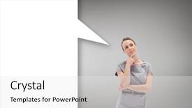  Presentation with bubble - Cool new PPT layouts with thoughtful woman posing in dress with speech bubble against grey vignette backdrop and a white colored foreground
