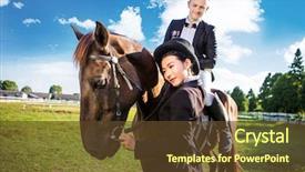  Presentation with standing sitting - Presentation theme having thoughtful woman standing by man sitting on horse at field background and a tawny brown colored foreground