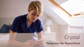  Presentation with scrubs - Presentation theme having thoughtful-woman-wearing-medical-scrubs background and a soft green colored foreground