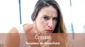  Presentation with head - Colorful PPT layouts enhanced with thoughtful-woman-with-her-head backdrop and a coral colored foreground