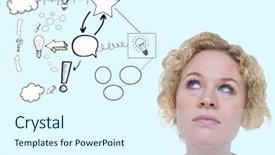  Presentation with digital image - Presentation design featuring thoughtful woman with idea doodle background and a sky blue colored foreground