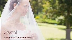  Presentation with bride - Presentation theme consisting of thoughtful young bride looking away through veil in garden background and a lemonade colored foreground