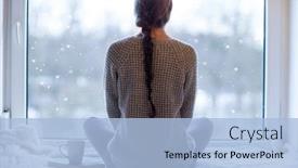  Presentation with coffee book - Presentation consisting of thoughtful-young-brunette-woman background and a light blue colored foreground