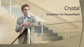  Presentation with railing - PPT theme with thoughtful young businessman looking away while leaning on glass railing in office background and a lemonade colored foreground