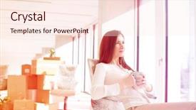  Presentation with new office - Audience pleasing PPT layouts consisting of thoughtful young businesswoman having coffee in new office backdrop and a cream colored foreground