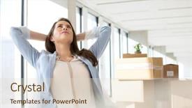  Presentation with new office - Cool new theme with thoughtful young businesswoman with hands behind head in new office backdrop and a lemonade colored foreground