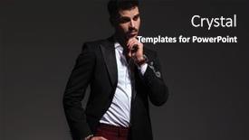 Presentation with dreams - Beautiful PPT layouts featuring thoughtful young man in elegant suit looks and dreams away to side on grey background backdrop and a dark gray colored foreground