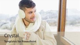  Presentation with cabin - Cool new slide deck with thoughtful young man wearing earmuff with coffee cup against cabin window backdrop and a soft green colored foreground