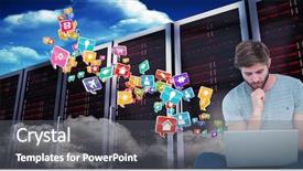  Presentation with towers - Cool new slide set with thoughtful young man with hand on chin while holding laptop against composite image of server towers 3d backdrop and a gray colored foreground