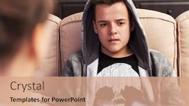  Presentation with counseling - Colorful slide set enhanced with thoughtful young teenager boy sitting at counseling - in front of the therapy professional close up backdrop and a coral colored foreground