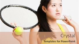  Presentation with tennis - Colorful PPT theme enhanced with thoughtful-young-woman-holding-tennis backdrop and a coral colored foreground