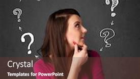  Presentation with question marks - Presentation enhanced with thoughtful young woman with drawn question marks circulating around her head background and a tawny brown colored foreground