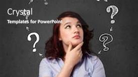  Presentation with question marks - Slides with questionmark - thoughtful young woman with drawn background and a dark gray colored foreground