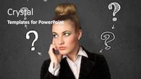  Presentation with question marks - Cool new slide deck with thoughtful young woman with drawn question marks circulating around her head backdrop and a dark gray colored foreground