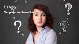  Presentation with question marks - Amazing PPT theme having thoughtful young woman with drawn question marks circulating around her head backdrop and a dark gray colored foreground