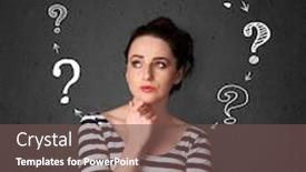  Presentation with question marks - Colorful PPT theme enhanced with thoughtful young woman with drawn question marks circulating around her head backdrop and a tawny brown colored foreground