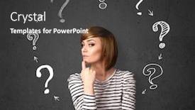  Presentation with question marks - PPT theme with alternative thinking - thoughtful young woman with drawn background and a dark gray colored foreground