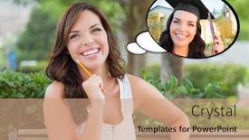  Presentation with thought - Presentation theme with thoughtful young woman with herself as a graduate inside thought bubble background and a coral colored foreground