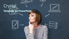  Presentation with multimedia - Colorful theme enhanced with thoughtful young woman with multimedia icons around her head backdrop and a ocean colored foreground