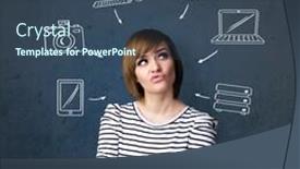  Presentation with multimedia - Amazing theme having thoughtful young woman with multimedia icons around her head backdrop and a ocean colored foreground