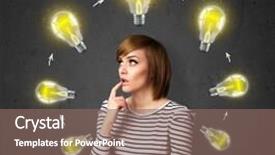  Presentation with shining - PPT layouts enhanced with thoughtful young woman with shining lightbulbs circulating around her head background and a violet colored foreground