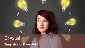  Presentation with shining - PPT theme having thoughtful young woman with shining lightbulbs circulating around her head background and a tawny brown colored foreground