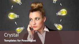  Presentation with shining - PPT theme consisting of thoughtful young woman with shining lightbulbs circulating around her head background and a tawny brown colored foreground