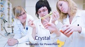  Presentation with chemistry - Colorful presentation theme enhanced with thre female researchers carrying out research in a chemistry lab color toned image shallow dof backdrop and a sky blue colored foreground