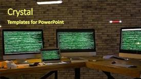  Presentation with cyber attack - Beautiful PPT layouts featuring web threats - hacker's workplace with monitors backdrop and a tawny brown colored foreground