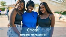  Presentation with three - Colorful presentation theme enhanced with three-african-american-friends-smiling backdrop and a ocean colored foreground
