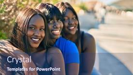  Presentation with friends - PPT theme having three-african-american-friends-smiling background and a ocean colored foreground