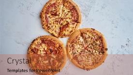  Presentation with american - Cool new slide deck with three-american-style-pizzas backdrop and a red colored foreground