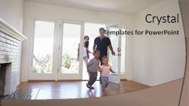  Presentation with new home - Audience pleasing slides consisting of three angel - excited family explore new home backdrop and a light gray colored foreground
