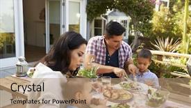  Presentation with home garden - PPT theme having three angel - family at home eating outdoor background and a coral colored foreground