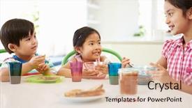 Presentation with breakfast children - Colorful presentation theme enhanced with three asian children having breakfast backdrop and a  colored foreground