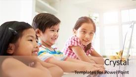  Presentation with children - PPT layouts featuring three asian children using laptop at home background and a coral colored foreground