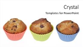  Presentation with chocolate chip - Theme enhanced with three banana chocolate chip muffins in colourful silicone cases room for your text background and a white colored foreground