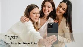  Presentation with three - Presentation featuring three-beautiful-brunette-women-smiling background and a soft green colored foreground