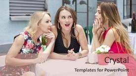  Presentation with cafe - Colorful slide set enhanced with three beautiful girlfriends gossiping woman sitting in the summer city cafe backdrop and a coral colored foreground