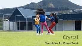  Presentation with school-backpacks - PPT theme with three-biracial-girls-are-playing and a yellow colored foreground