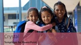  Presentation with school-backpacks - Theme having three-biracial-girls-smile-outside and a violet colored foreground