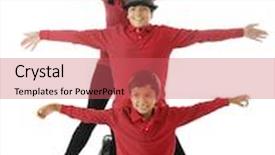  Presentation with siblings - Amazing PPT theme having three biracial siblings stacked behind each other with their arms outstretched like a 3-headed bug with 6 legs backdrop and a coral colored foreground