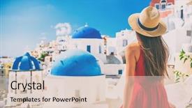  Presentation with greece blue - Slide deck having three blue domes church background and a lemonade colored foreground