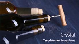  Presentation with corkscrew - PPT layouts having three bottle wine and corkscrew on blue wooden background background and a ocean colored foreground