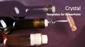  Presentation with corkscrew - Presentation theme enhanced with three bottle wine and corkscrew on purple wooden background background and a tawny brown colored foreground