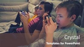  Presentation with social children - Cool new PPT theme with three-boys-spending-time backdrop and a violet colored foreground