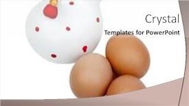  Presentation with hen - Presentation theme consisting of three brown eggs with a graceful ceramic hen isolated on white background background and a white colored foreground