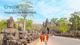  Presentation with culture heritage - Audience pleasing PPT theme consisting of three-buddhist-monks-and-stone backdrop and a sky blue colored foreground